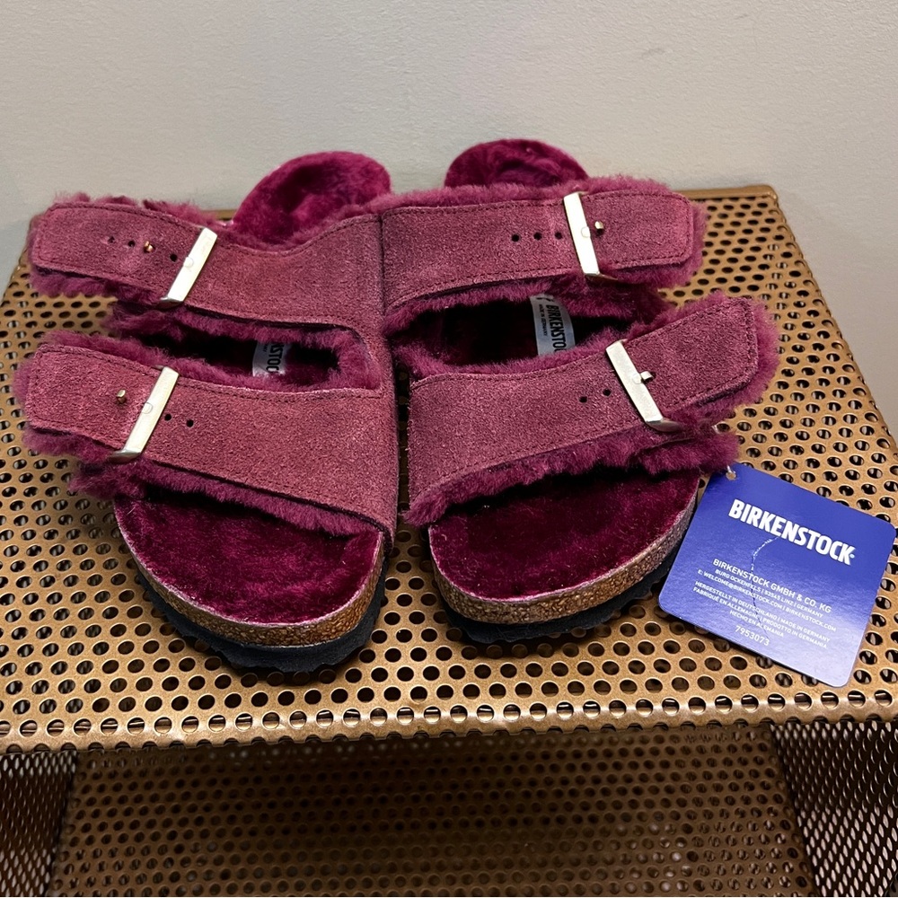 Maroon Suede Arizona Shearling Birkenstock Sandals
